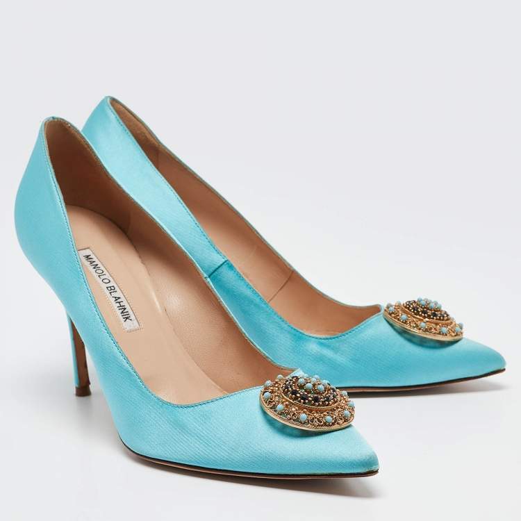 Pre Owned Manolo Blahnik Blue Satin Giuba Pumps Size 40