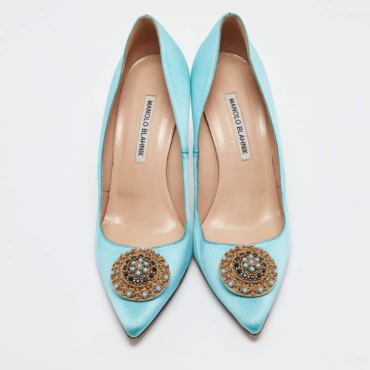 Pre Owned Manolo Blahnik Blue Satin Giuba Pumps Size 40