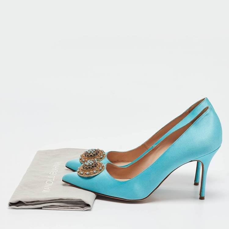 Pre Owned Manolo Blahnik Blue Satin Giuba Pumps Size 40