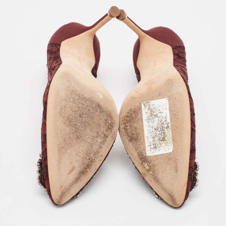 Pre Owned Manolo Blahnik Burgundy Lace and Mesh Hangisi Pumps Size 38