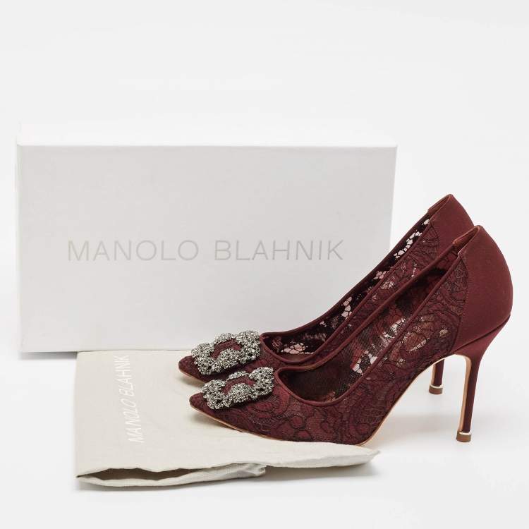 Pre Owned Manolo Blahnik Burgundy Lace and Mesh Hangisi Pumps Size 38