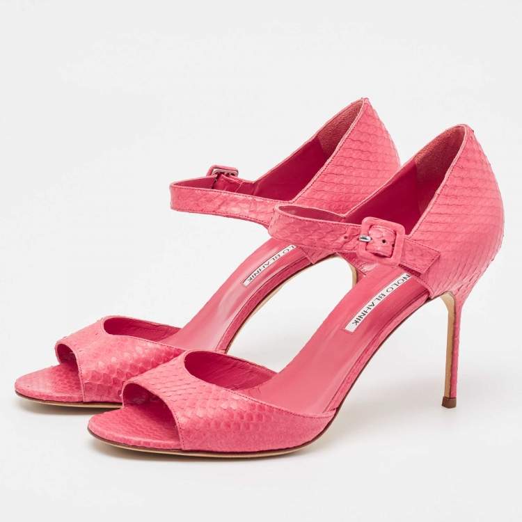 Pre Owned Manolo Blahnik Pink Python Ankle Strap Sandals Size 41