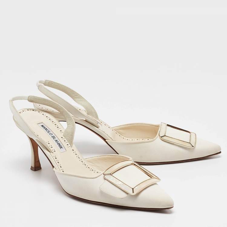 Pre Owned Manolo Blahnik Cream Canvas Maysli Pumps Size 39.5