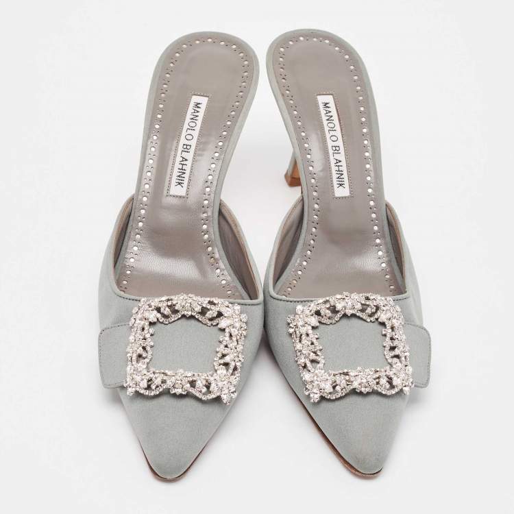 Pre Owned Manolo Blahnik Grey Satin Maysale Mules Size 40
