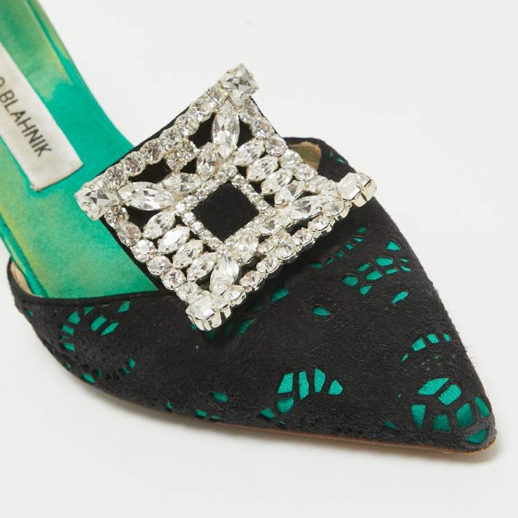 Pre Owned Manolo Blahnik Black Satin and Suede Borli Mules 39.5