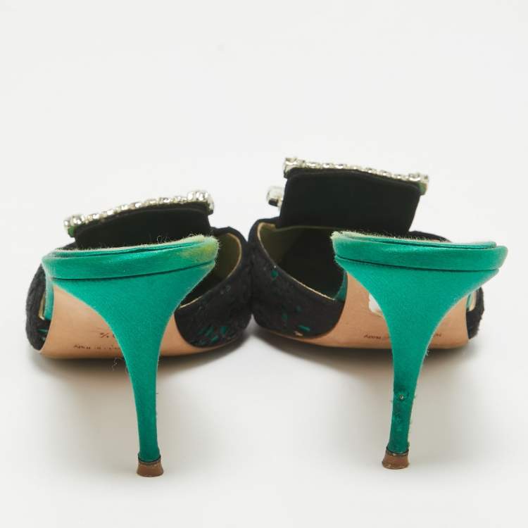Pre Owned Manolo Blahnik Black Satin and Suede Borli Mules 39.5