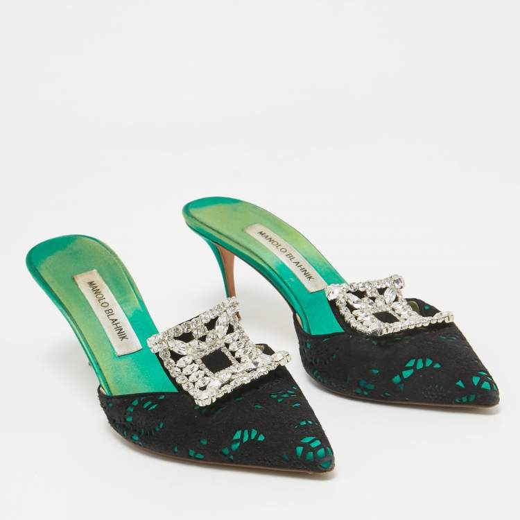 Pre Owned Manolo Blahnik Black Satin and Suede Borli Mules 39.5