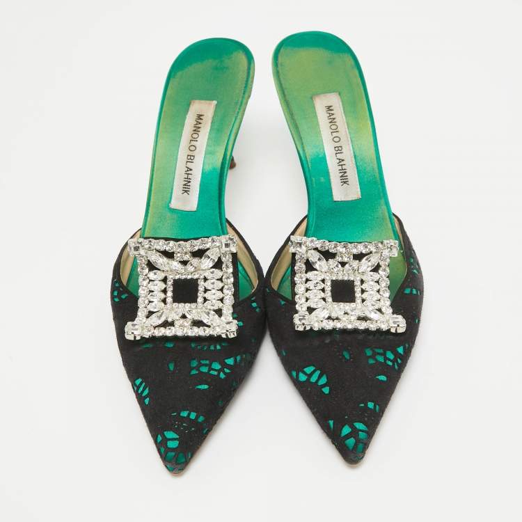 Pre Owned Manolo Blahnik Black Satin and Suede Borli Mules 39.5