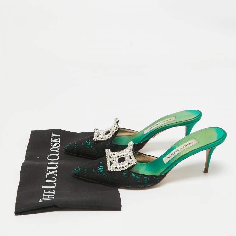 Pre Owned Manolo Blahnik Black Satin and Suede Borli Mules 39.5