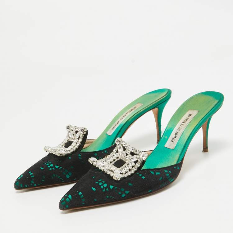 Pre Owned Manolo Blahnik Black Satin and Suede Borli Mules 39.5