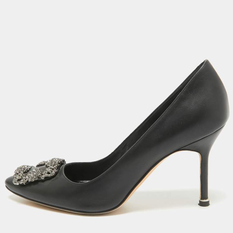 Pre Owned Manolo Blahnik Black Leather Hangisi Pumps Size 37.5