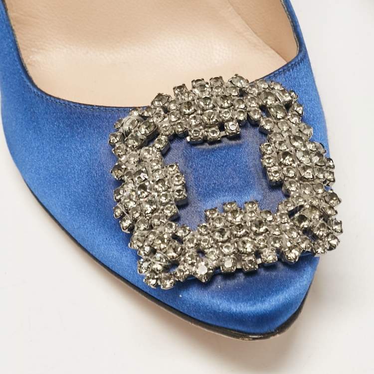 Pre Owned Manolo Blahnik Blue Satin Hangisi Pumps Size 37.5