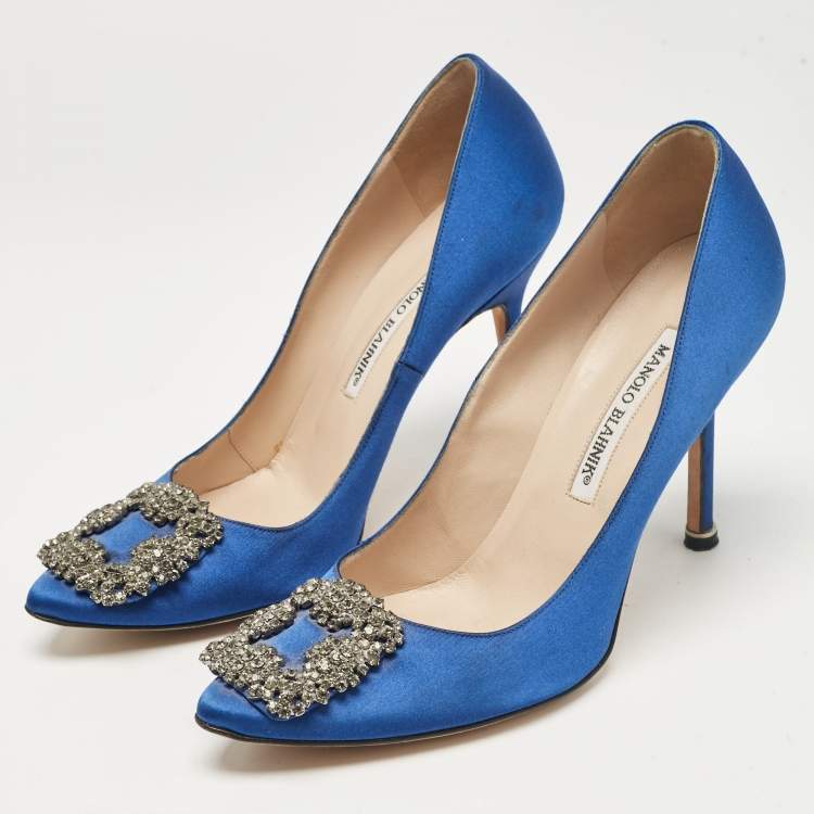 Pre Owned Manolo Blahnik Blue Satin Hangisi Pumps Size 37.5