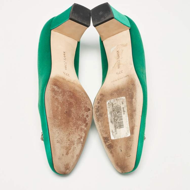 Pre Owned Manolo Blahnik Green Satin Okkaava Crystal Embellished Pumps Size 37.5