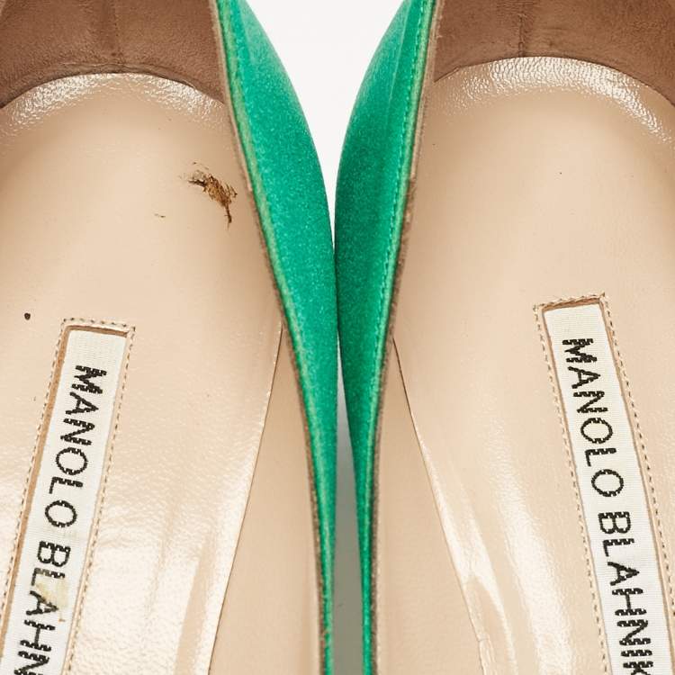 Pre Owned Manolo Blahnik Green Satin Okkaava Crystal Embellished Pumps Size 37.5