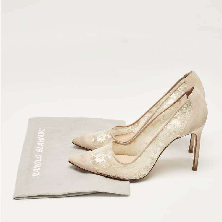 Pre Owned Manolo Blahnik Grey Mesh and Suede Salola Pumps Size 38.5