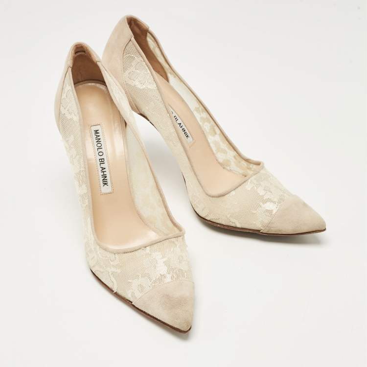 Pre Owned Manolo Blahnik Grey Mesh and Suede Salola Pumps Size 38.5