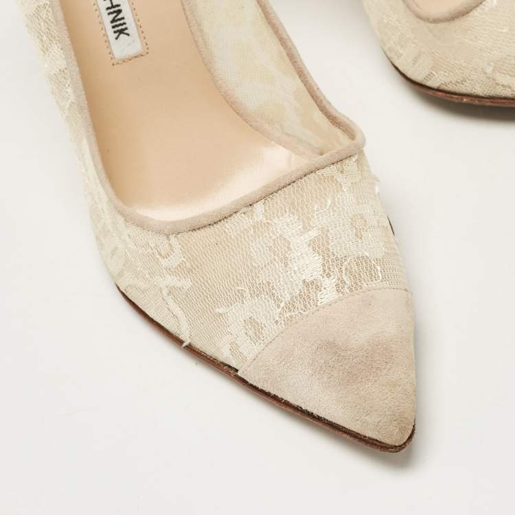 Pre Owned Manolo Blahnik Grey Mesh and Suede Salola Pumps Size 38.5