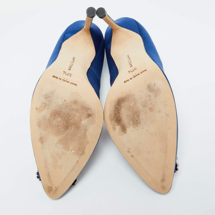 Pre Owned Manolo Blahnik Blue Satin Hangisi Pumps Size 37.5