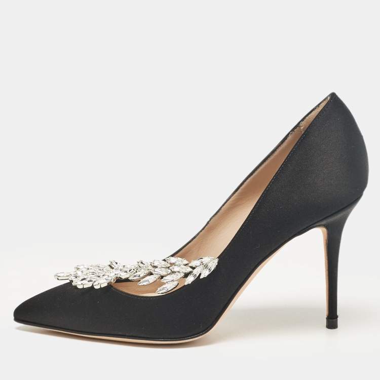Pre Owned Manolo Blahnik Black Satin Nadira Pumps Size 34