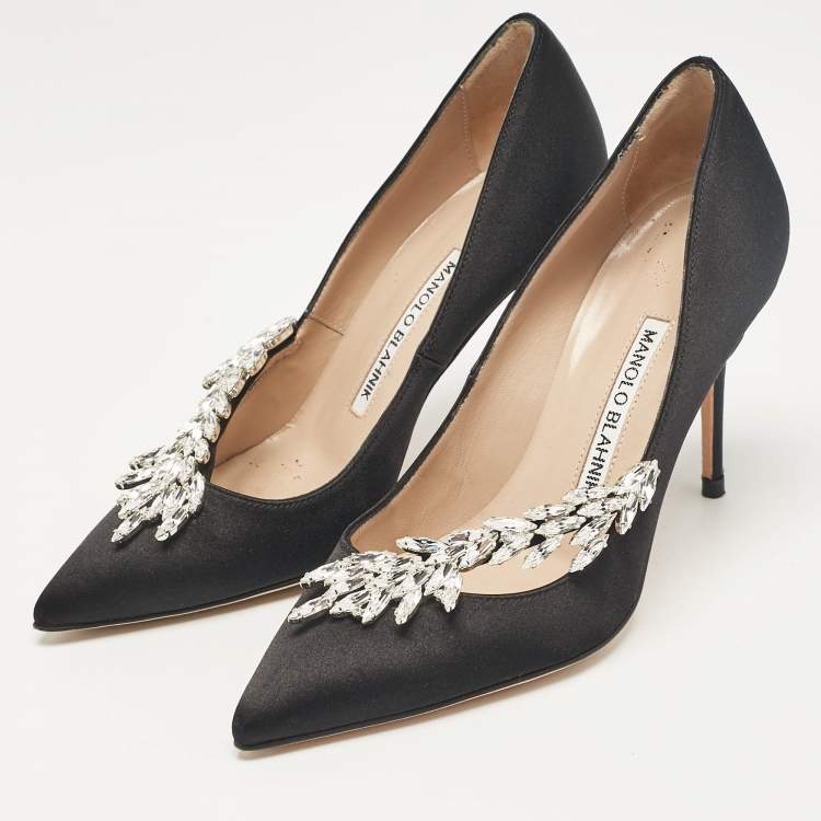 Pre Owned Manolo Blahnik Black Satin Nadira Pumps Size 34