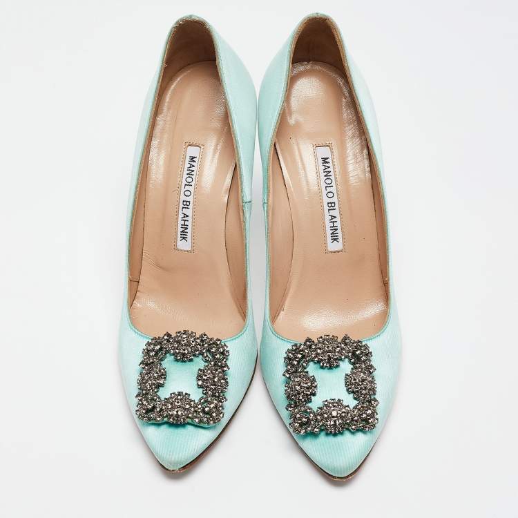 Pre Owned Manolo Blahnik Aqua Blue Satin Hangisi Pumps Size 38