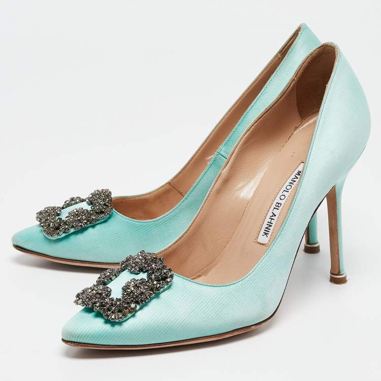 Pre Owned Manolo Blahnik Aqua Blue Satin Hangisi Pumps Size 38