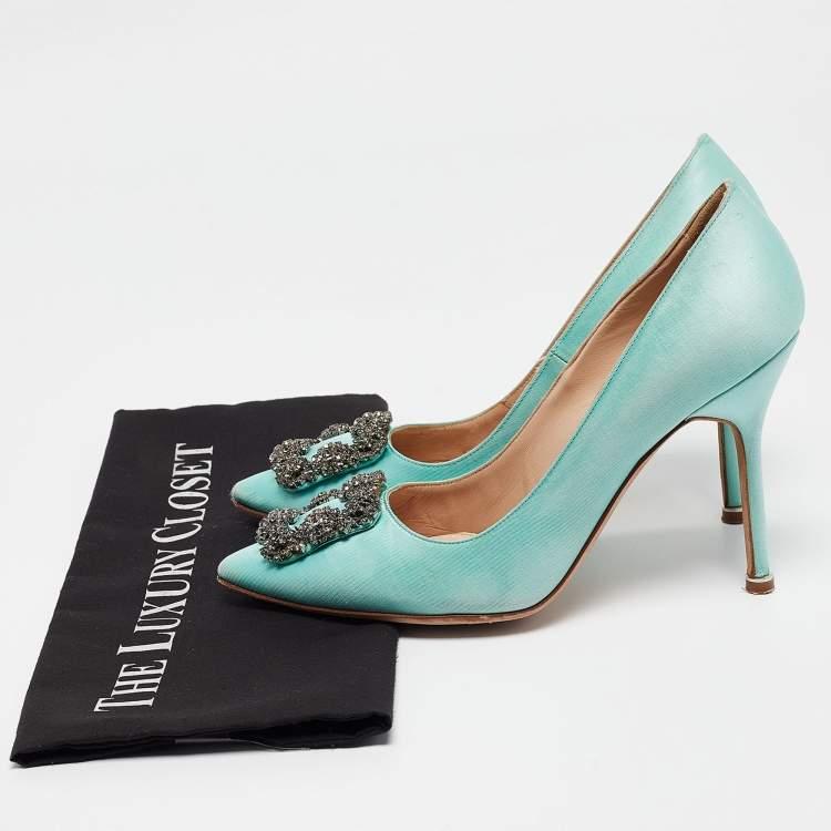 Pre Owned Manolo Blahnik Aqua Blue Satin Hangisi Pumps Size 38