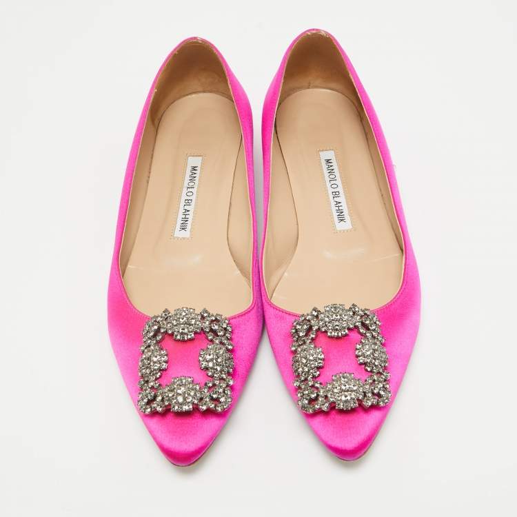 Pre Owned Manolo Blahnik Pink Satin Hangisi Ballet Flats Size 37.5