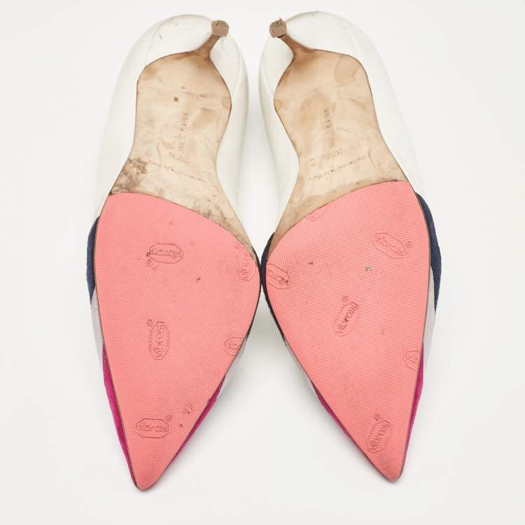 Pre Owned Manolo Blahnik White/Tricolor Leather and Suede Pointed Toe Pumps Size 37.5