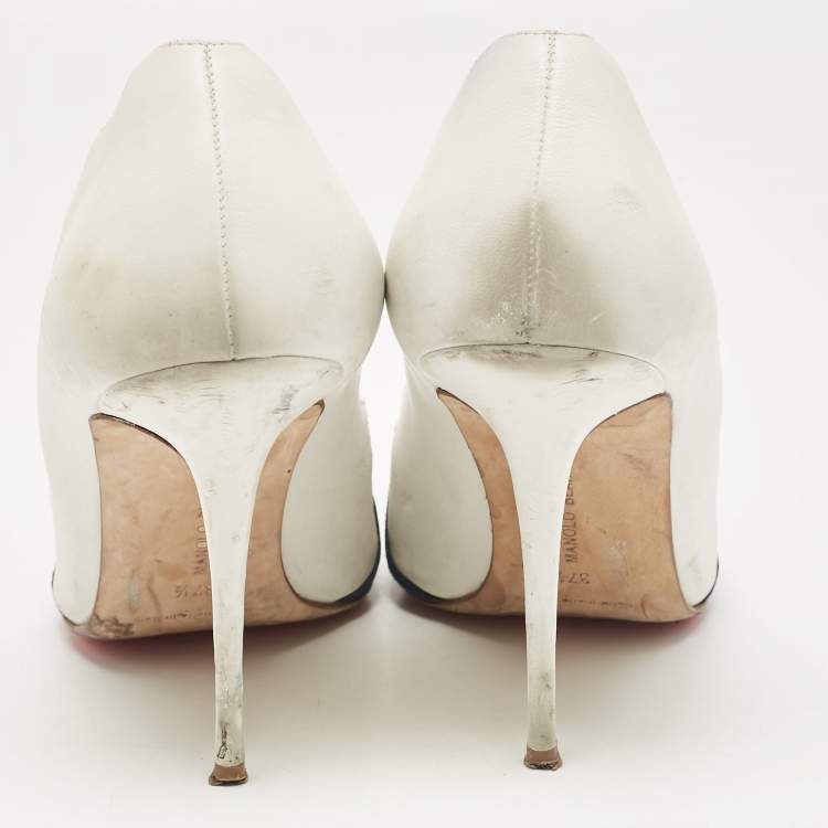 Pre Owned Manolo Blahnik White/Tricolor Leather and Suede Pointed Toe Pumps Size 37.5