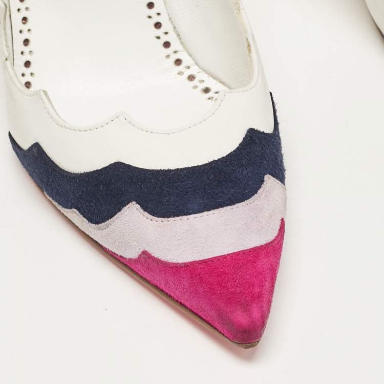 Pre Owned Manolo Blahnik White/Tricolor Leather and Suede Pointed Toe Pumps Size 37.5