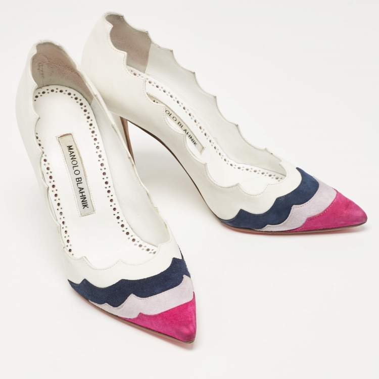 Pre Owned Manolo Blahnik White/Tricolor Leather and Suede Pointed Toe Pumps Size 37.5