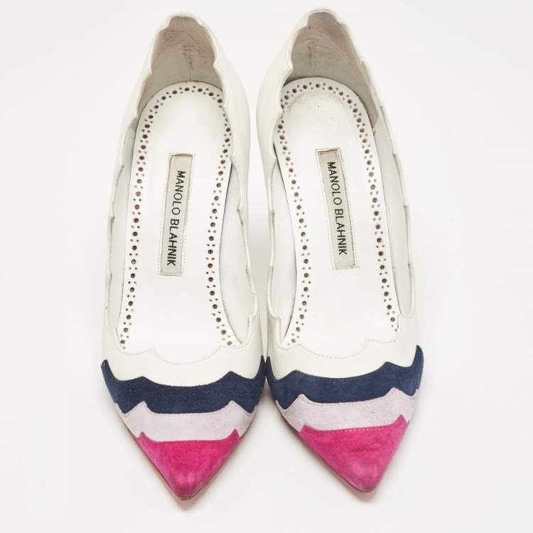 Pre Owned Manolo Blahnik White/Tricolor Leather and Suede Pointed Toe Pumps Size 37.5