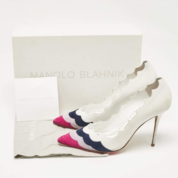 Pre Owned Manolo Blahnik White/Tricolor Leather and Suede Pointed Toe Pumps Size 37.5