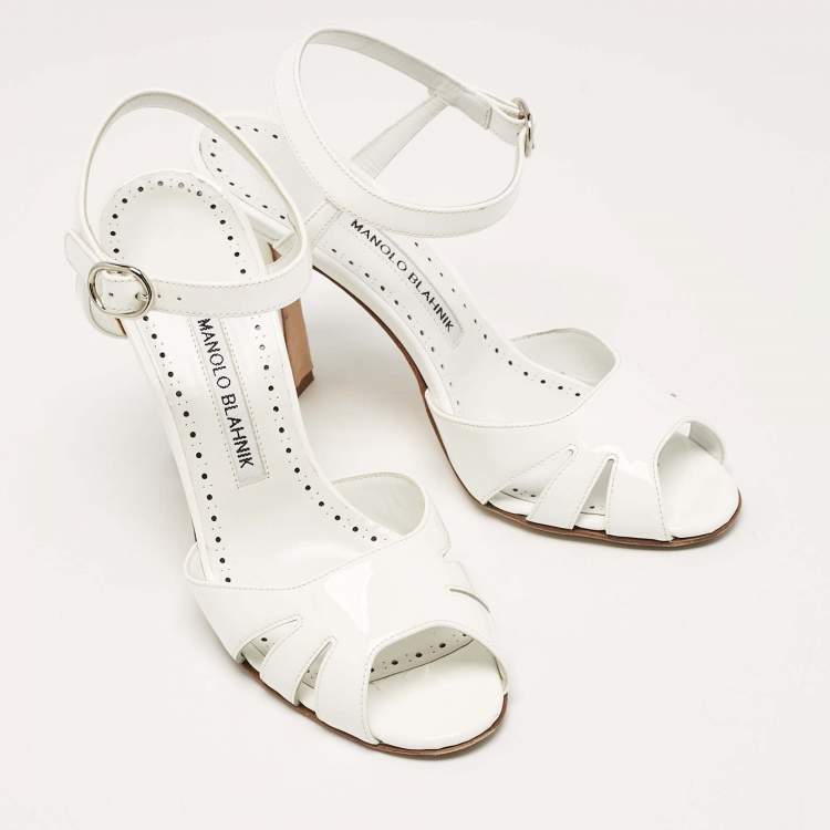 Pre Owned Manolo Blahnik White Patent Leather Ankle Strap Sandals Size 37