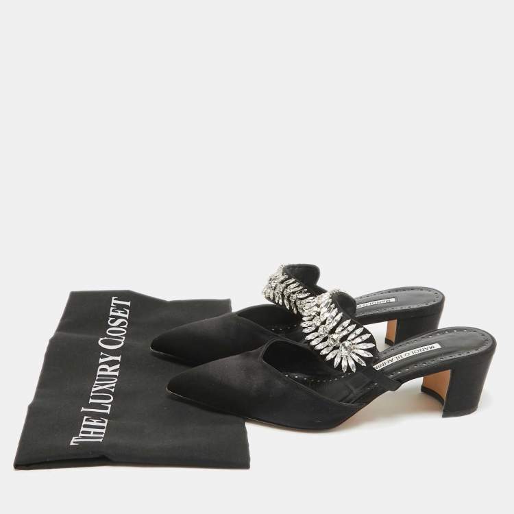 Pre Owned Manolo Blahnik Black Satin Crystal Embellished Mules Size 38