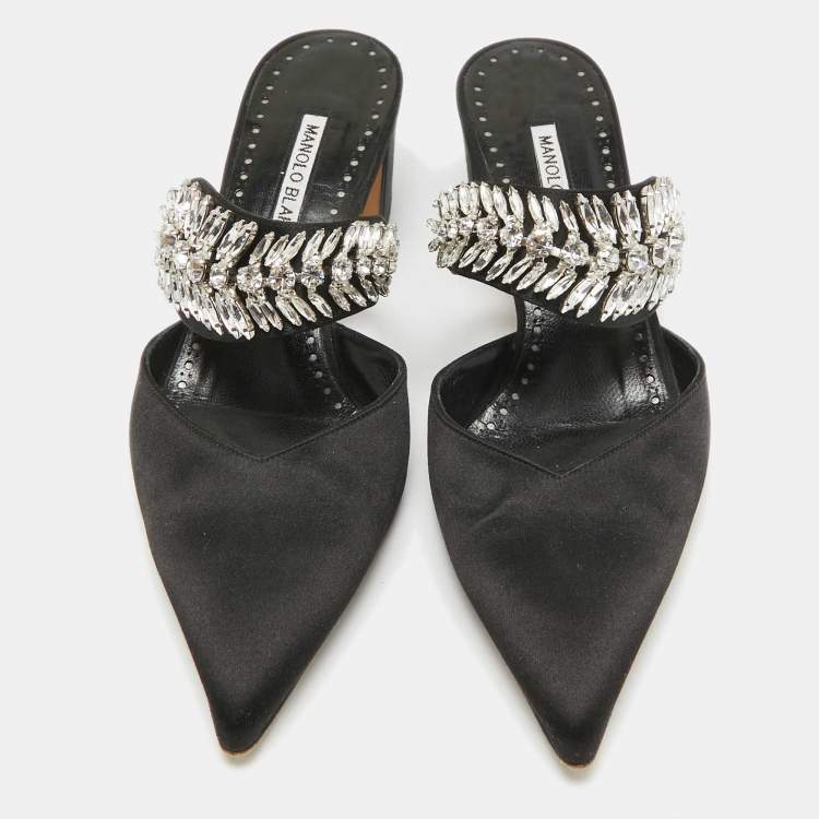 Pre Owned Manolo Blahnik Black Satin Crystal Embellished Mules Size 38