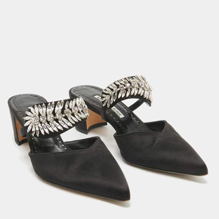Pre Owned Manolo Blahnik Black Satin Crystal Embellished Mules Size 38