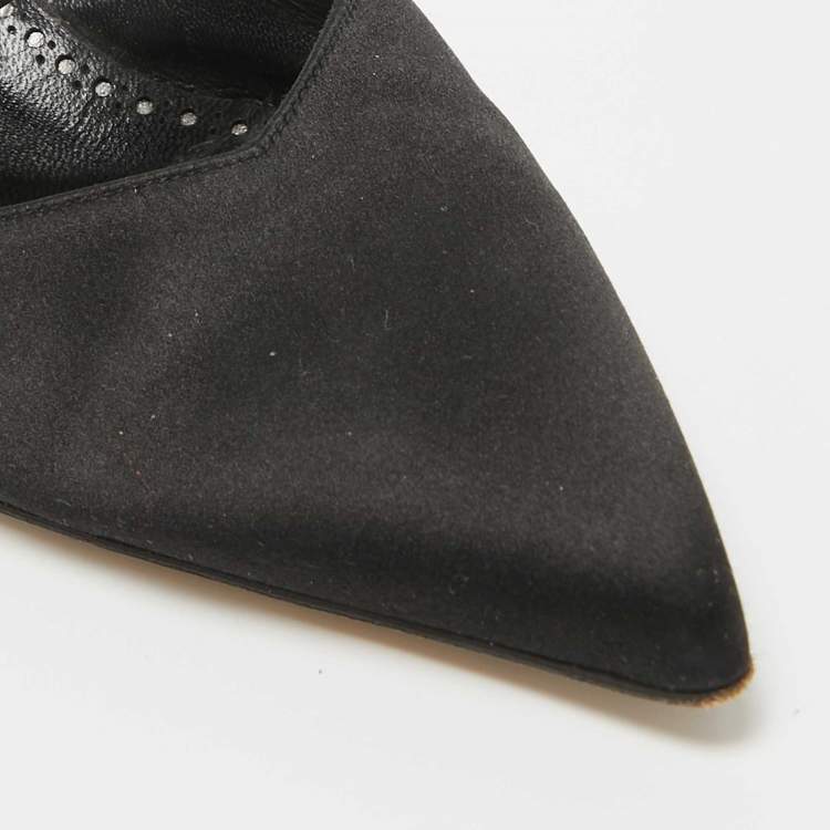 Pre Owned Manolo Blahnik Black Satin Crystal Embellished Mules Size 38