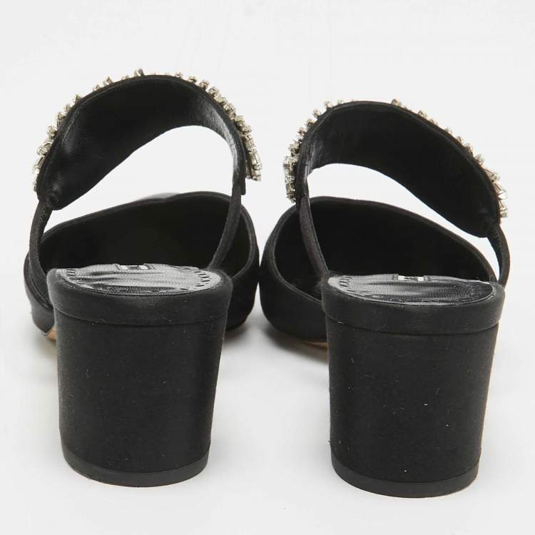 Pre Owned Manolo Blahnik Black Satin Crystal Embellished Mules Size 38