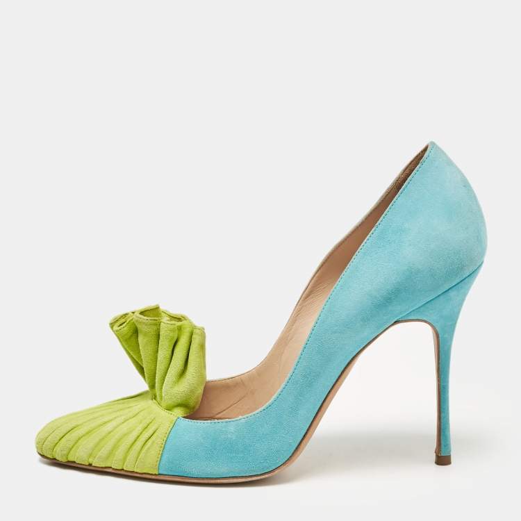 Pre Owned Manolo Blahnik Blue/Green Suede Frill Arleti Pumps Size 39
