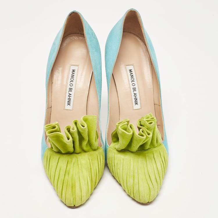 Pre Owned Manolo Blahnik Blue/Green Suede Frill Arleti Pumps Size 39