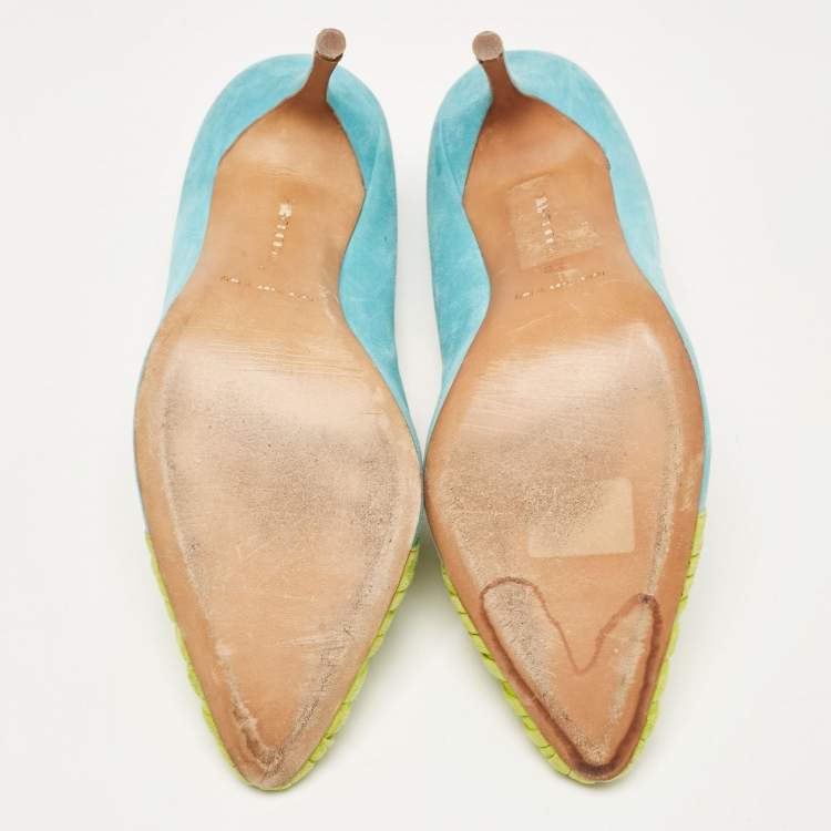 Pre Owned Manolo Blahnik Blue/Green Suede Frill Arleti Pumps Size 39