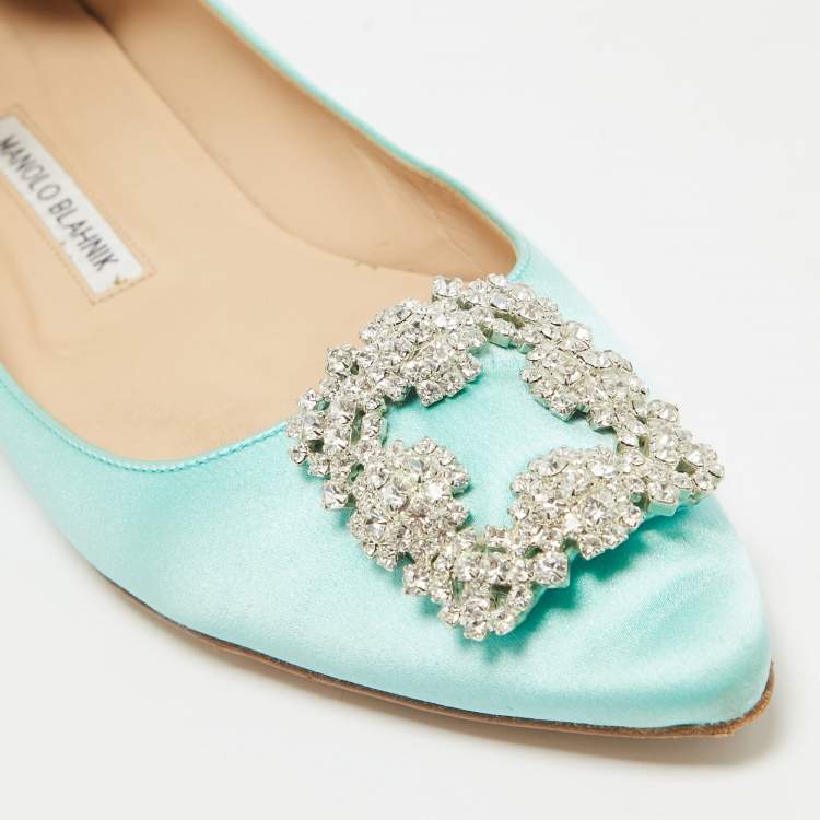 Pre Owned Manolo Blahnik Blue Satin Hangisi Ballet Flats Size 39.5