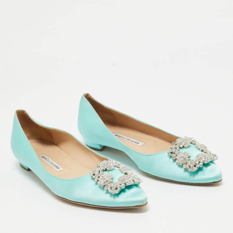 Pre Owned Manolo Blahnik Blue Satin Hangisi Ballet Flats Size 39.5