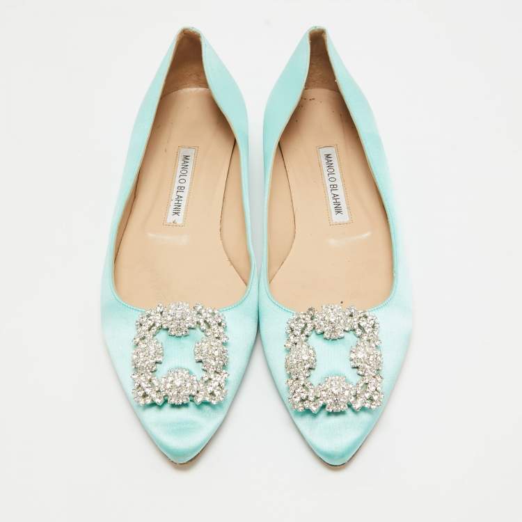 Pre Owned Manolo Blahnik Blue Satin Hangisi Ballet Flats Size 39.5