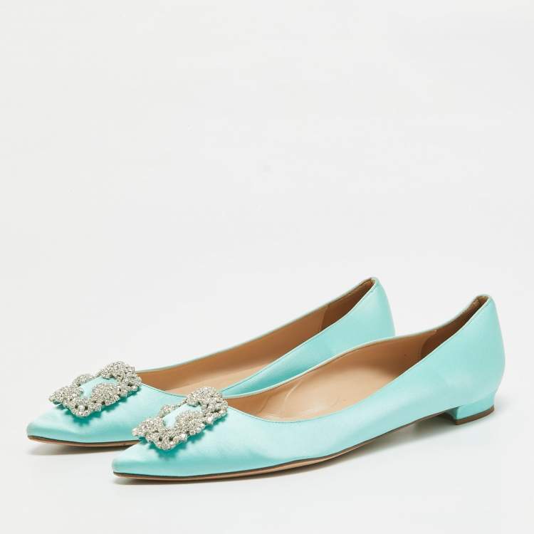 Pre Owned Manolo Blahnik Blue Satin Hangisi Ballet Flats Size 39.5