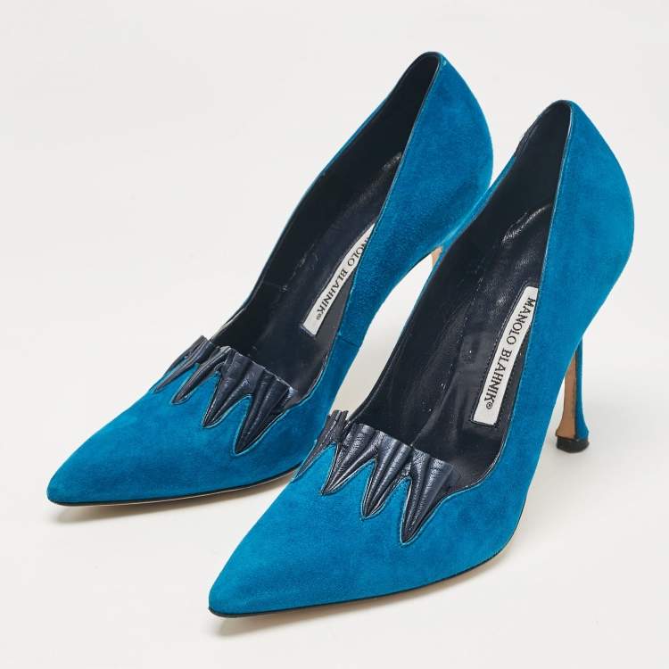Pre Owned Manolo Blahnik Blue Leather Suede Pointed Toe Pumps Size 39