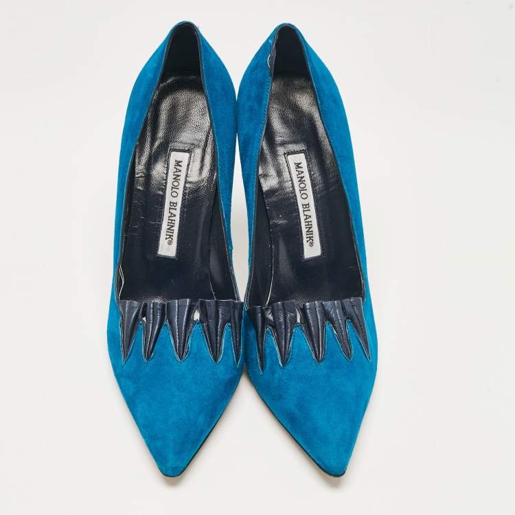 Pre Owned Manolo Blahnik Blue Leather Suede Pointed Toe Pumps Size 39